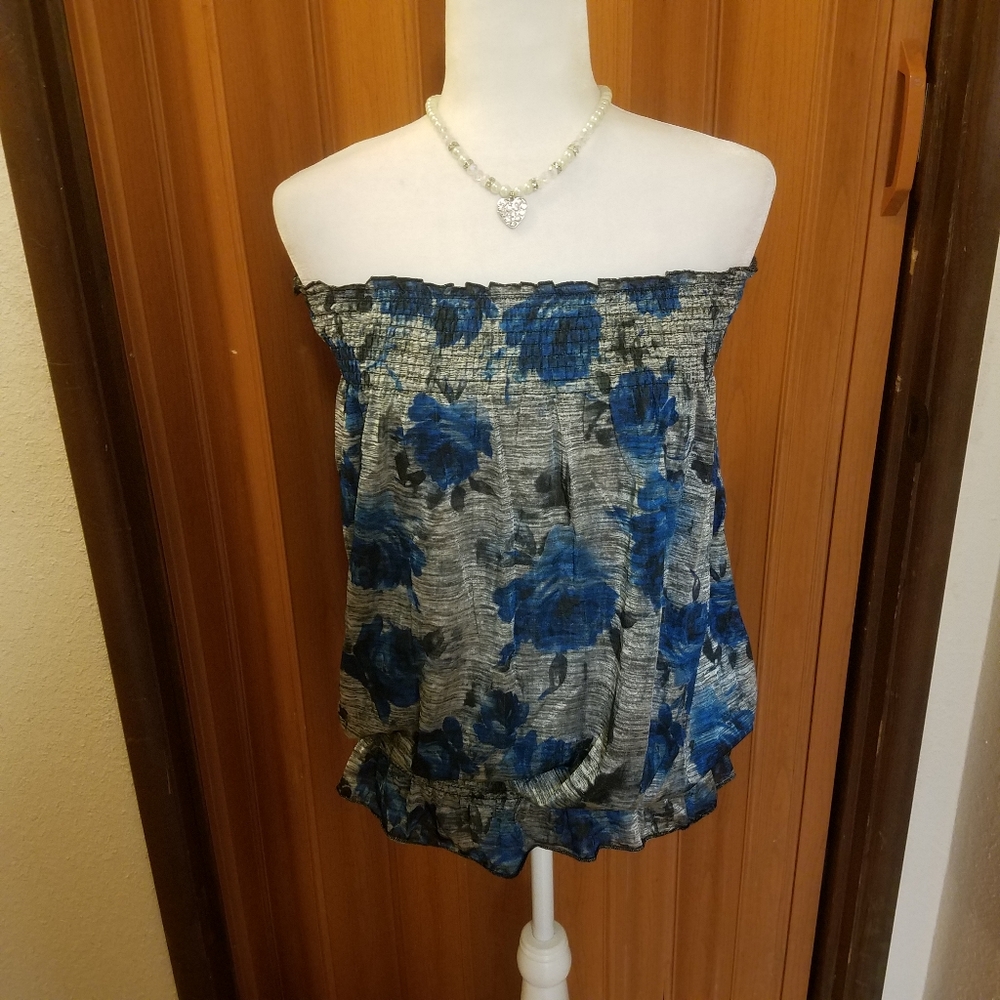 BLUE AND GRAY FLORAL TUBE TOP